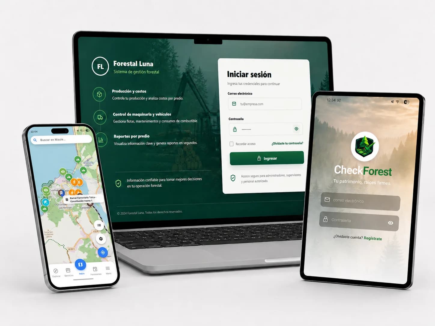 Mockup de laptop, tablet y teléfono con proyectos desarrollados por devMaule