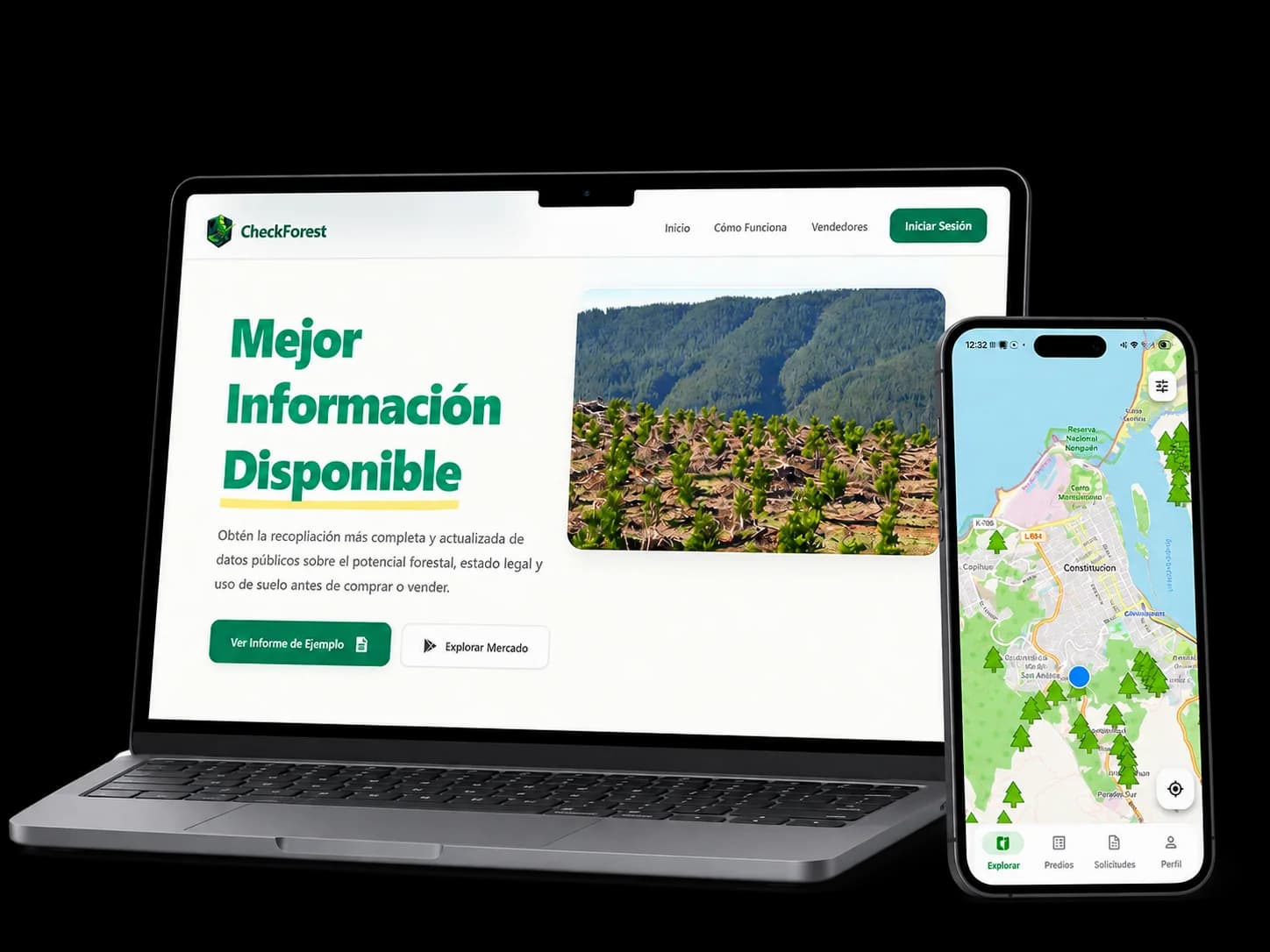 Mockup de CheckForest en notebook y teléfono